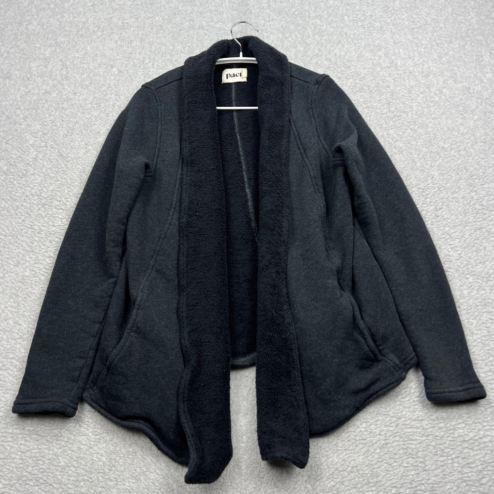 Pact Cardigan Womens Medium Black Open Front Shawl Collar Organic Cotton Pockets